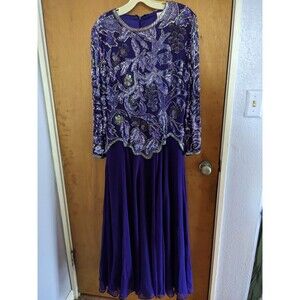 Oleg Cassini Vintage Black Tie Purple Silver Floral Silk Rayon Sequin Dress